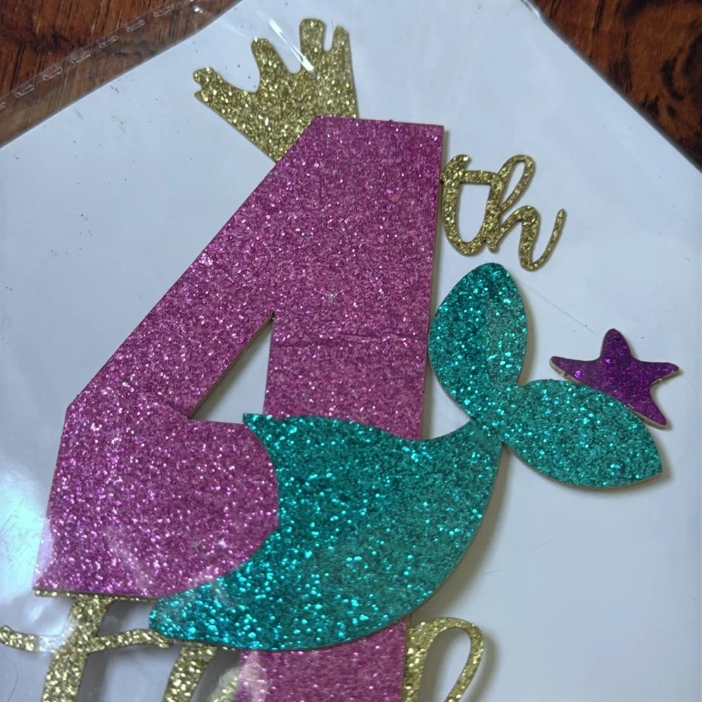 NWT Mermaid 4th Birthday Cake Topper, Glitter Under The Sea Cake Decoration